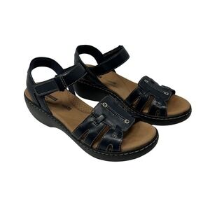 Clarks Collection Leisa Vine Navy Blue Leather Wedge Sandals Womens 7.5 M
